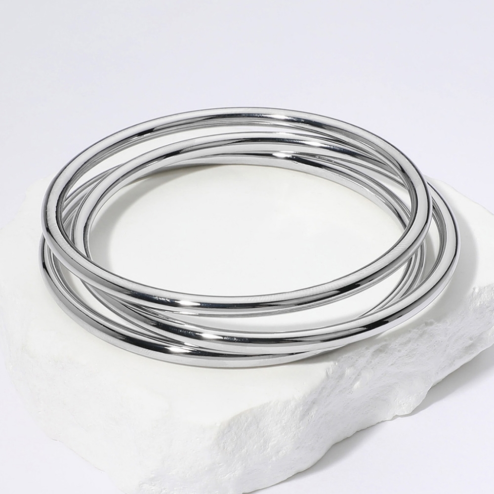 Silver 3 Piece Everyday Metal Bangle Bracelets Set Simple Casual MultiLayered